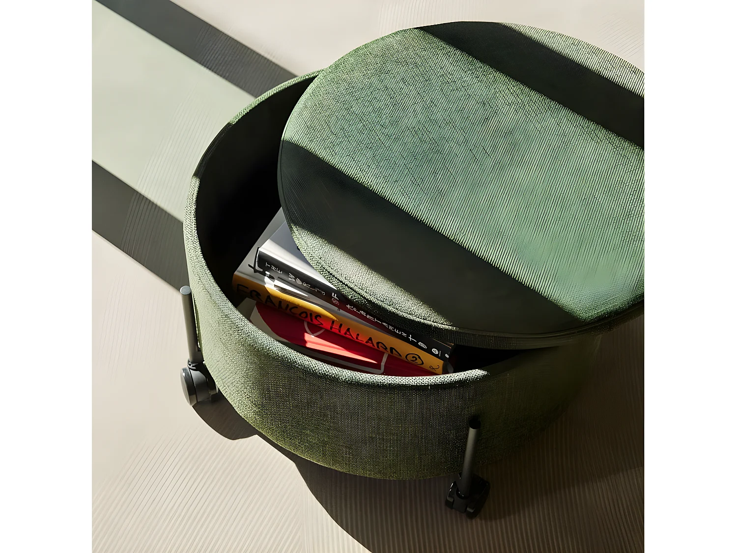 Pouf rond 66cm à roulettes avec coffre en tissu vert OXFORD