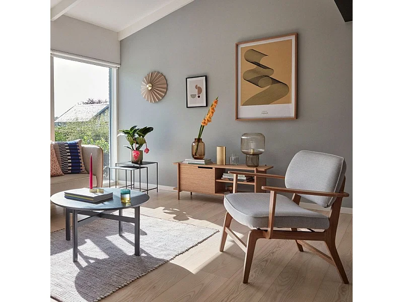 Fauteuil rétro en bois et tissu gris JAKAIO