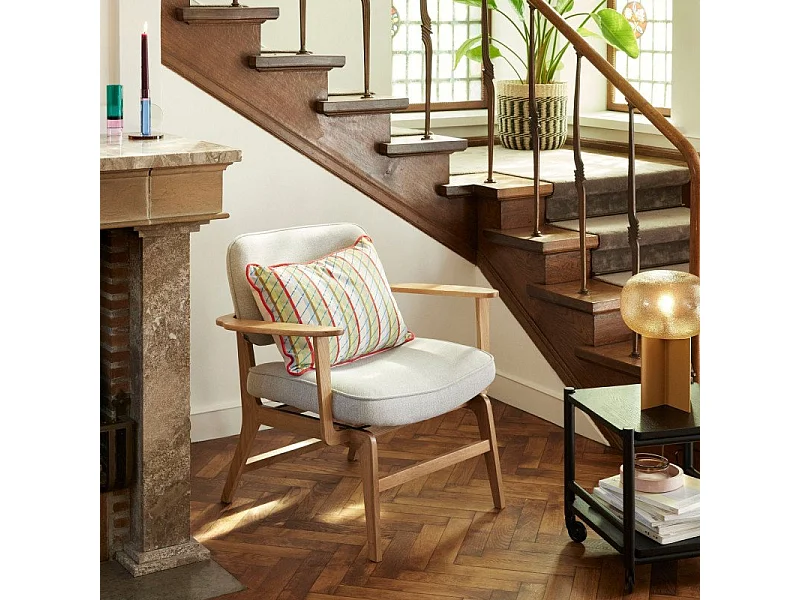 Fauteuil rétro en bois et tissu gris JAKAIO