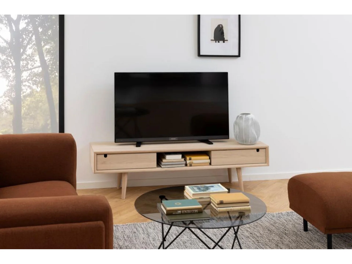 Meuble TV bas finition chêne blanchie - CENTIOR