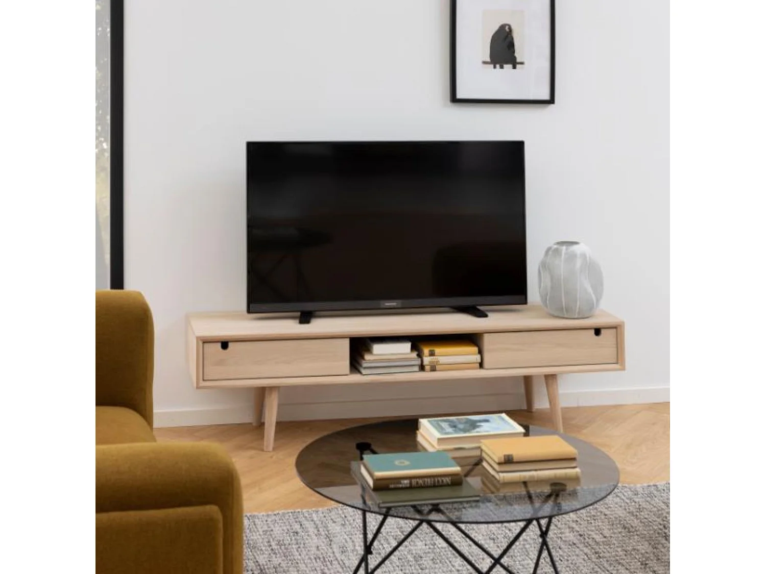 Meuble TV bas finition chêne blanchie - CENTIOR