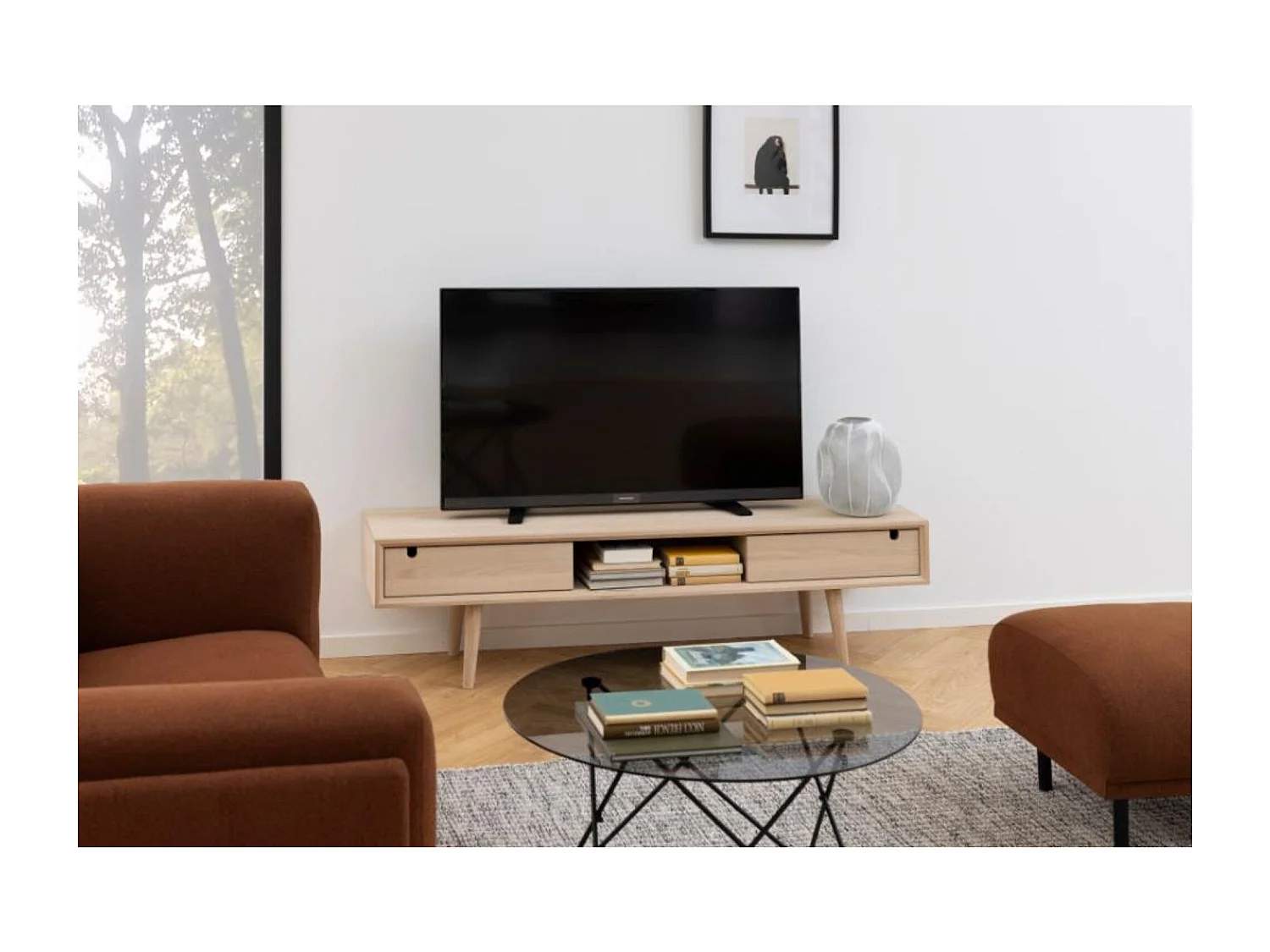 Meuble TV bas finition chêne blanchie - CENTIOR