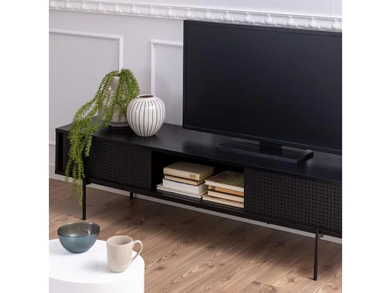 Angus meubles de télévision 2 portes coulissantes, frêne décor noir.
