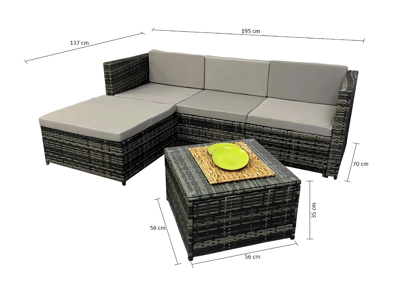 Sofa Chaise Longue de Ratan PE + Mesa. Muebles de Jardin y Terraza