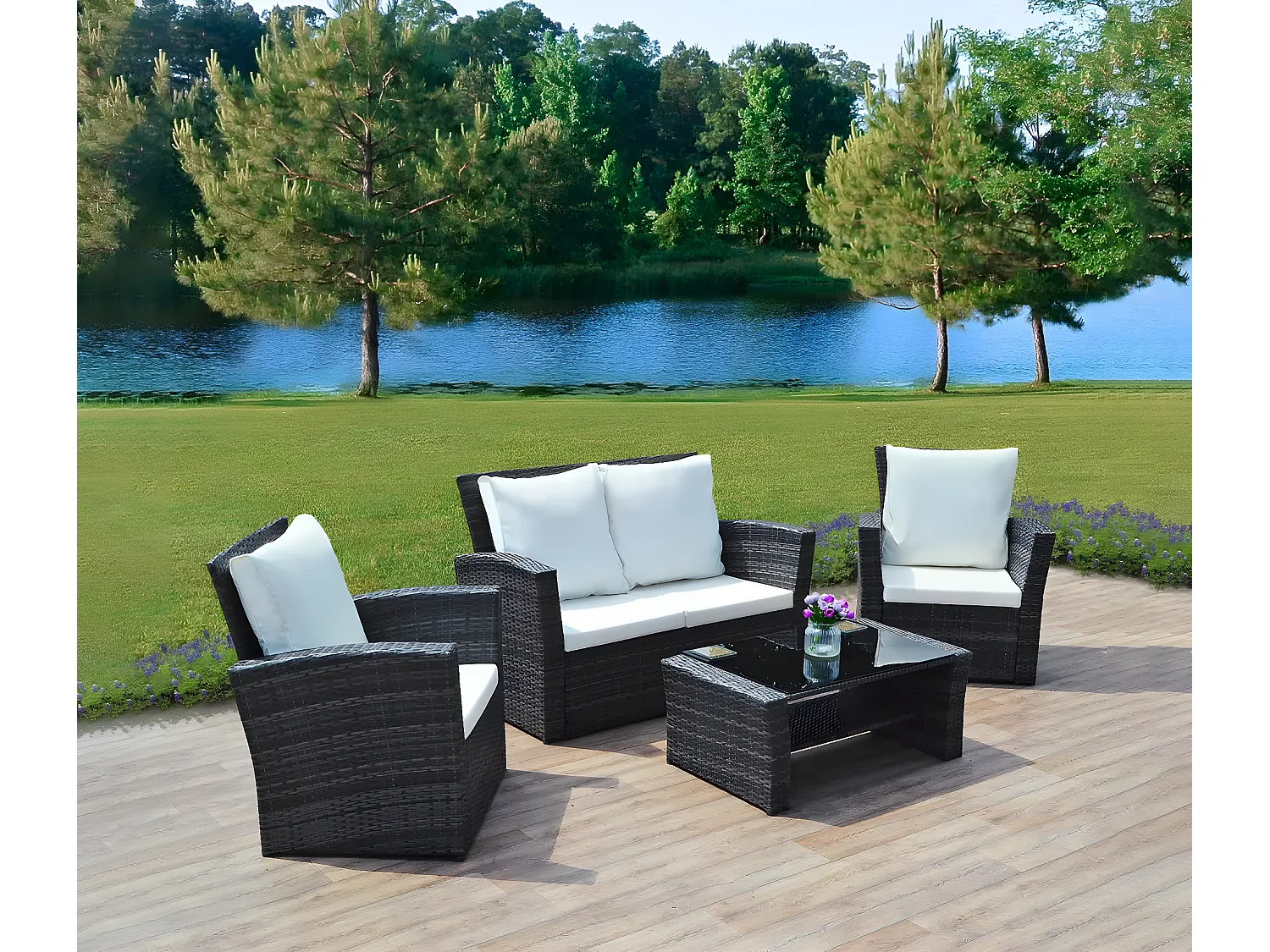 Sofa + 2 Sillas + Mesa de Ratan PE. Muebles de Jardin y Terraza