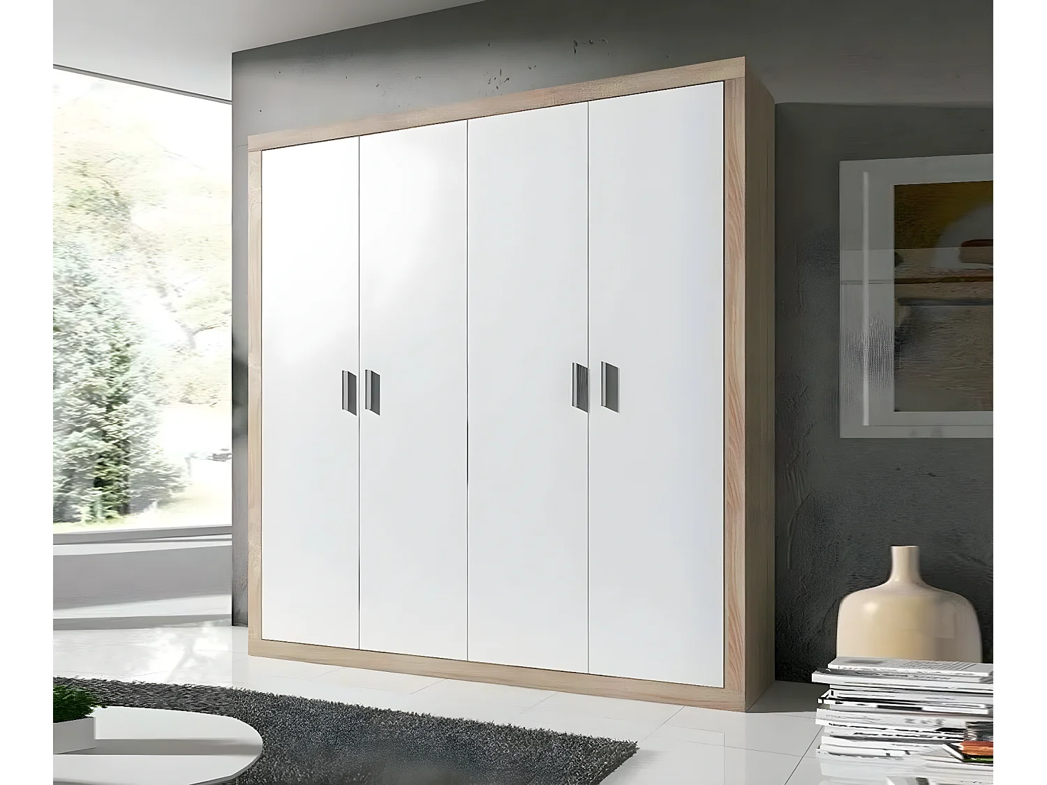 Roupeiro Lara 4 Portas Lara, Carvalho e Branco 210x196x49cm