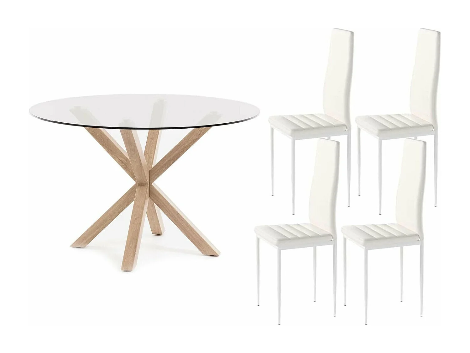 Conjunto Mesa Redonda em Vidro Temperado 120cm + 4 Cadeiras Couro Sintético/Metal Branco