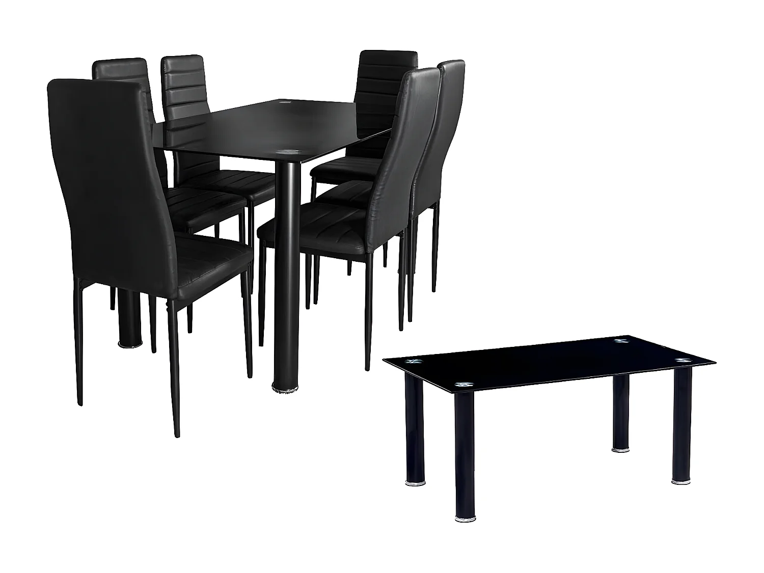 Pack Elegance: Mesa de Cristal Templado + 6 Sillas Polipiel + Mesa de Centro de Cristal Templado Negro
