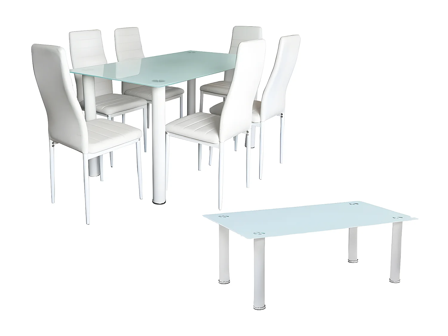 Pack Elegance: Mesa de Cristal Templado + 6 Sillas Polipiel + Mesa de Centro de Cristal Templado Negro