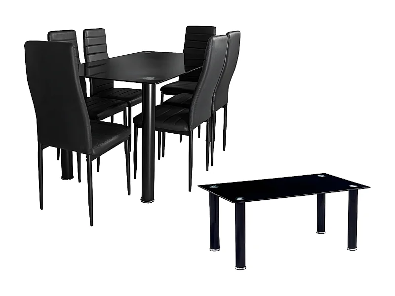 Pack Elegance: Mesa de Cristal Templado + 6 Sillas Polipiel + Mesa de Centro de Cristal Templado Negro