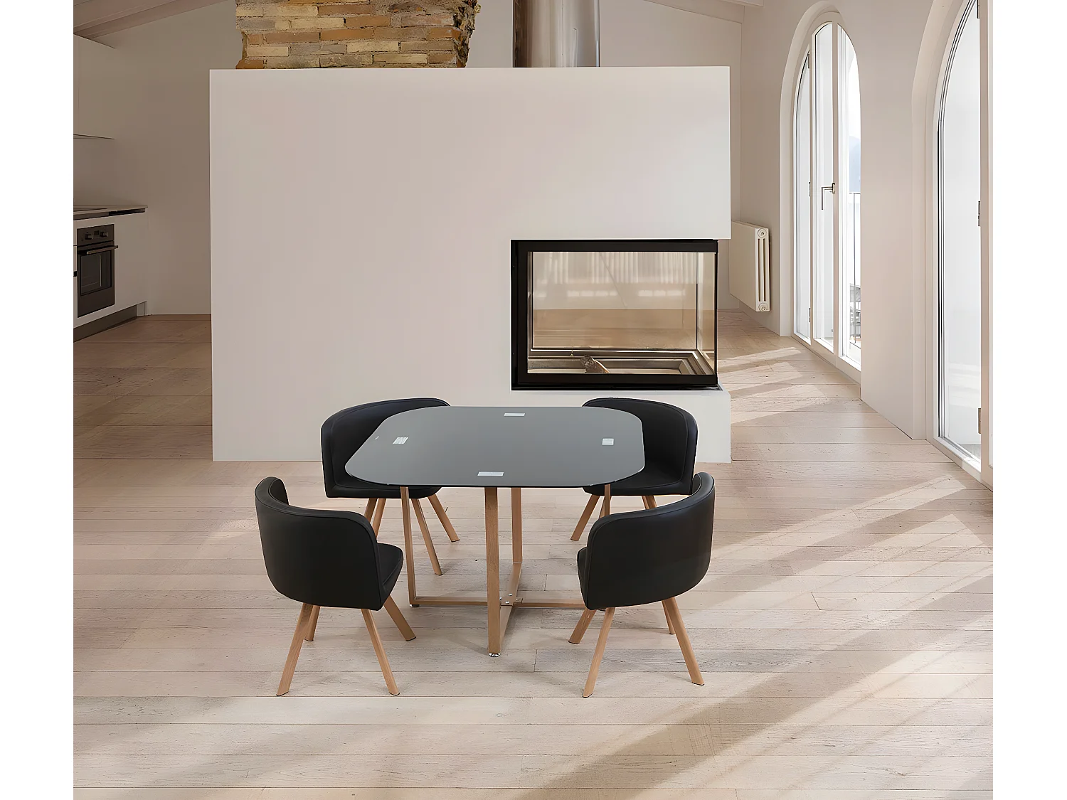 Mesa de Cristal Templado Teka + 4 Sillas. Comedor o Cocina Gris 100x100 cm