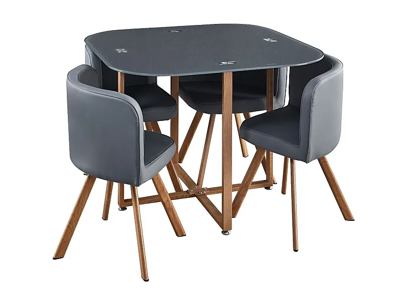 Mesa de Cristal Templado Teka + 4 Sillas. Comedor o Cocina Gris 100x100 cm