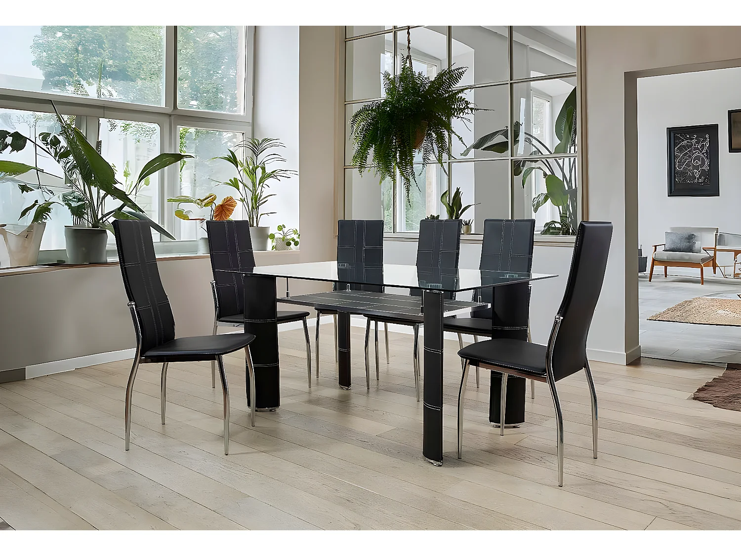 Mesa de Cristal Templado + 6 Sillas en Polipiel/Metal Gris 150x90 cm