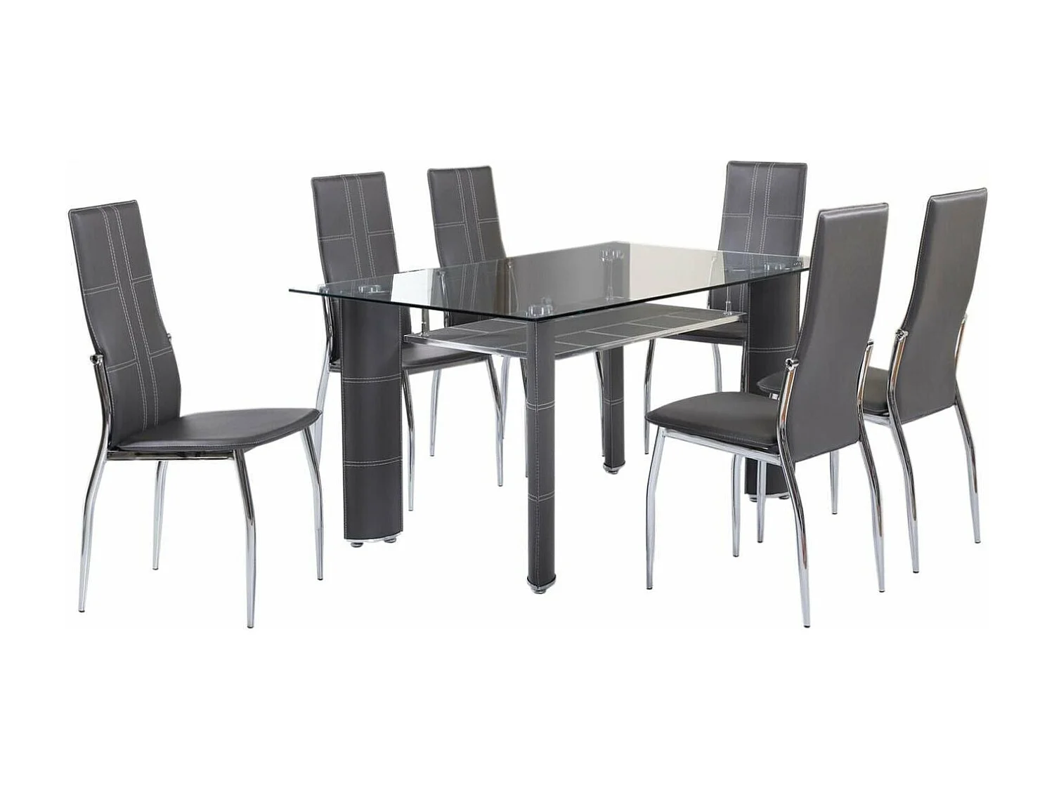 Mesa de Cristal Templado + 6 Sillas en Polipiel/Metal Gris 150x90 cm