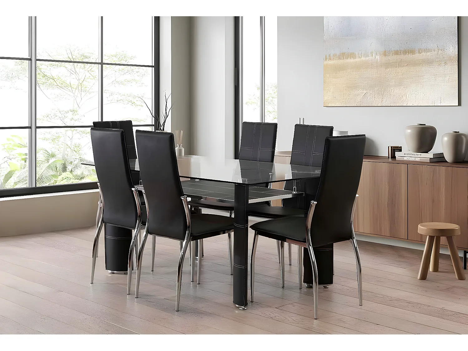 Mesa de Cristal Templado + 6 Sillas en Polipiel/Metal Gris 150x90 cm