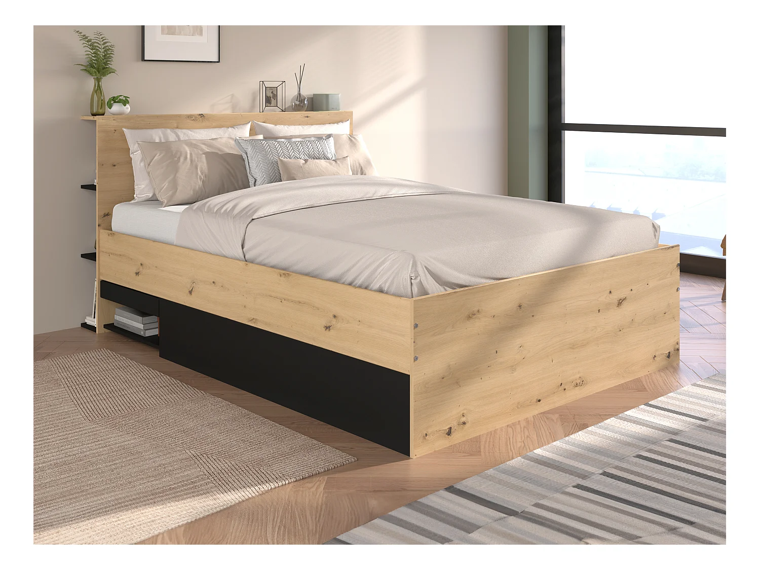 Lit coffre 140 x 190 cm - Coloris : Naturel et noir - RADANI