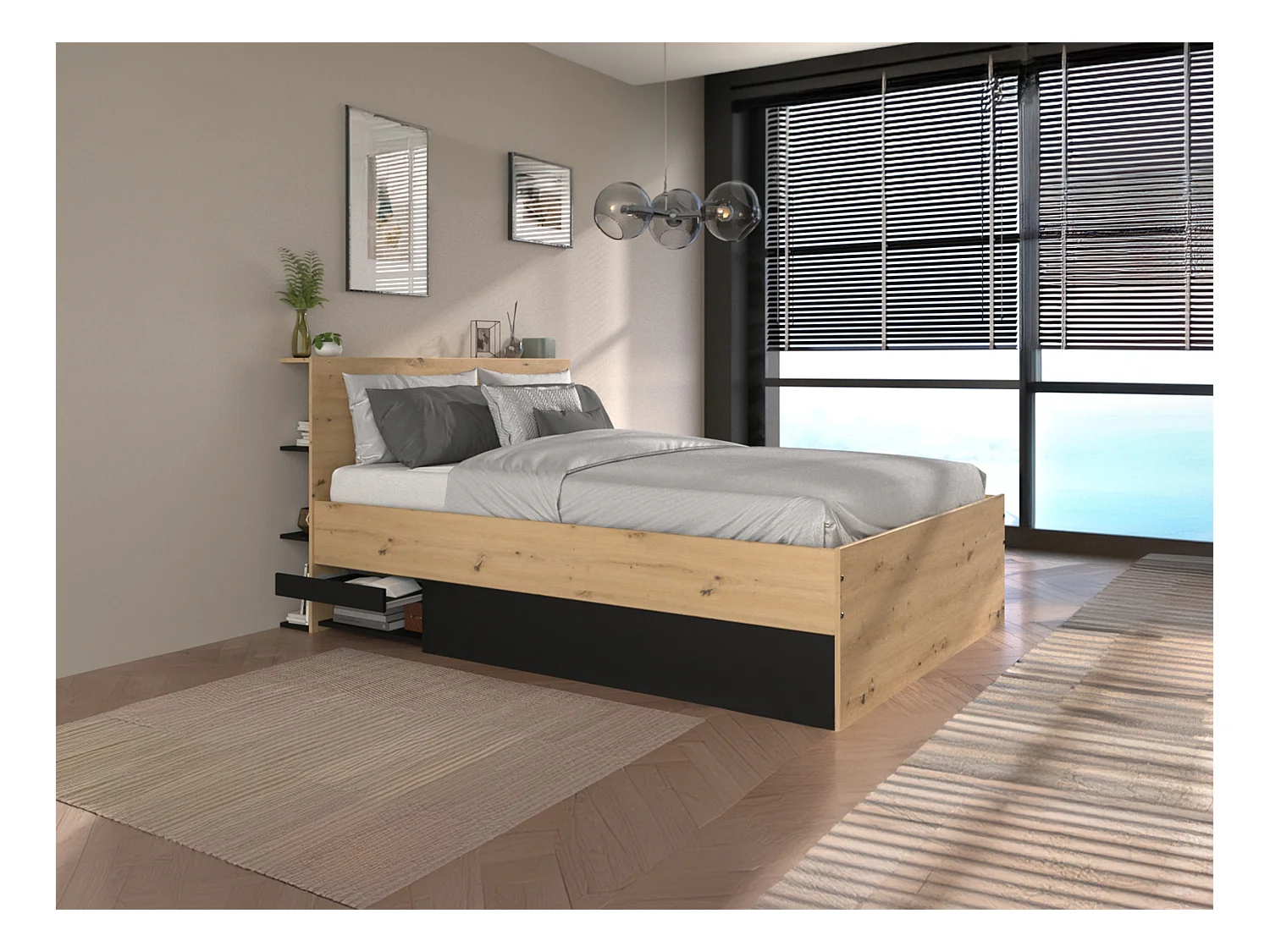 Lit coffre 140 x 190 cm - Coloris : Naturel et noir - RADANI