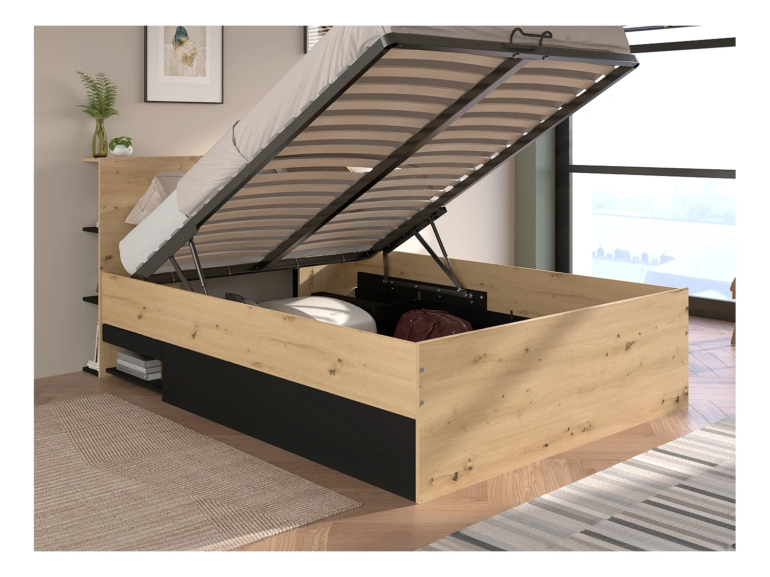 Lit coffre 140 x 190 cm - Coloris : Naturel et noir - RADANI