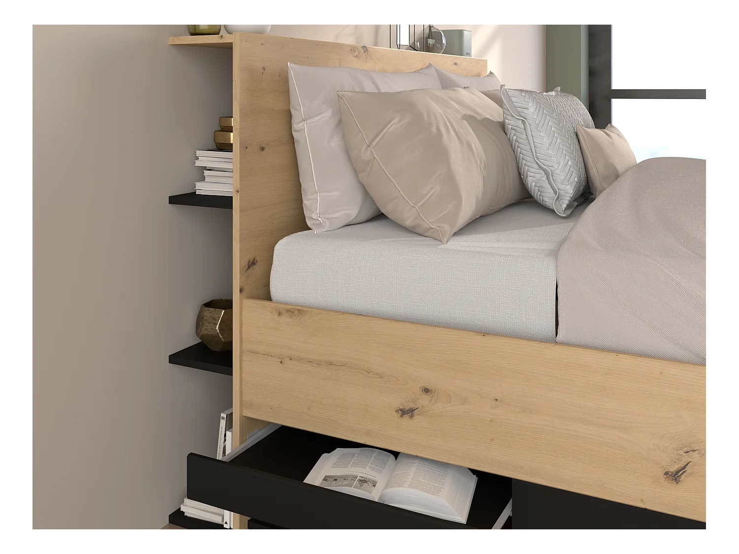 Lit coffre 140 x 190 cm - Coloris : Naturel et noir - RADANI