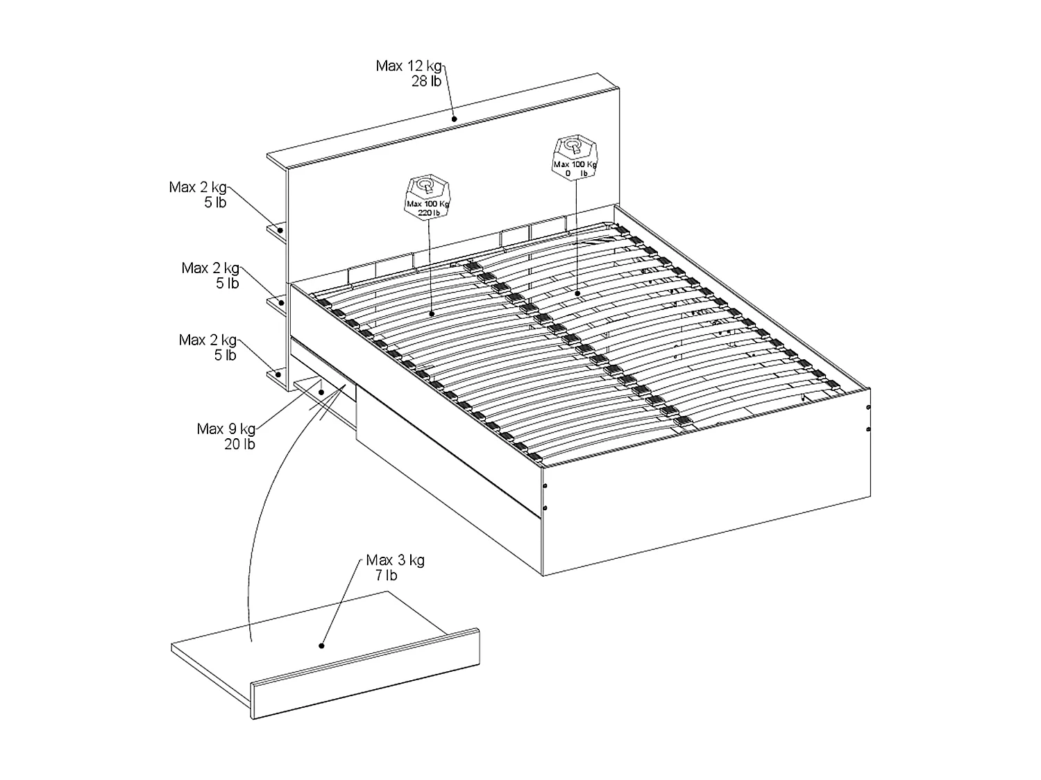Letto con contenitore 140 x 190 cm Naturale e Nero - RADANI