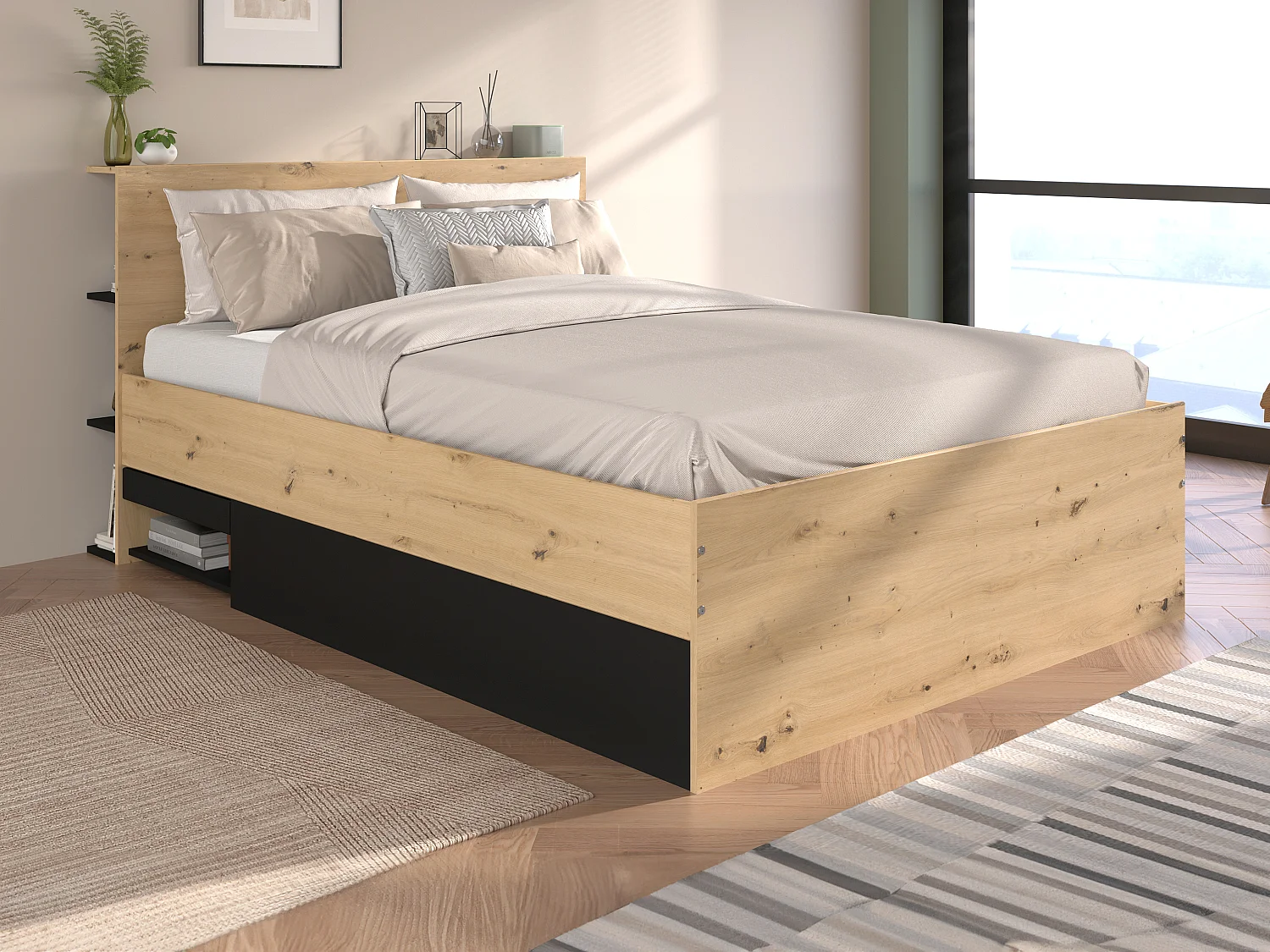 Letto con contenitore 140 x 190 cm Naturale e Nero - RADANI