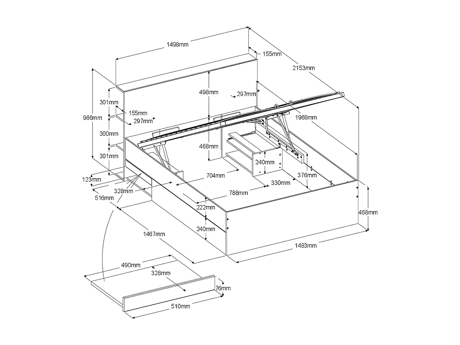 Letto con contenitore 140 x 190 cm Naturale e Nero - RADANI