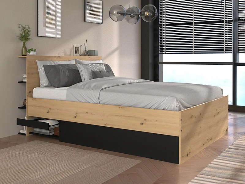 Bett mit Bettkasten - 140 x 190 cm - Holzfarben & Schwarz + Matratze - RADANI