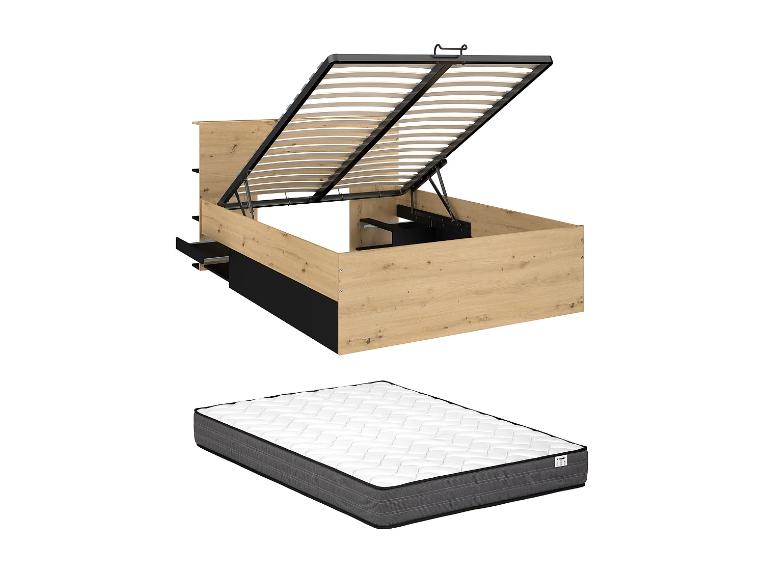 Bett mit Bettkasten - 140 x 190 cm - Holzfarben & Schwarz + Matratze - RADANI