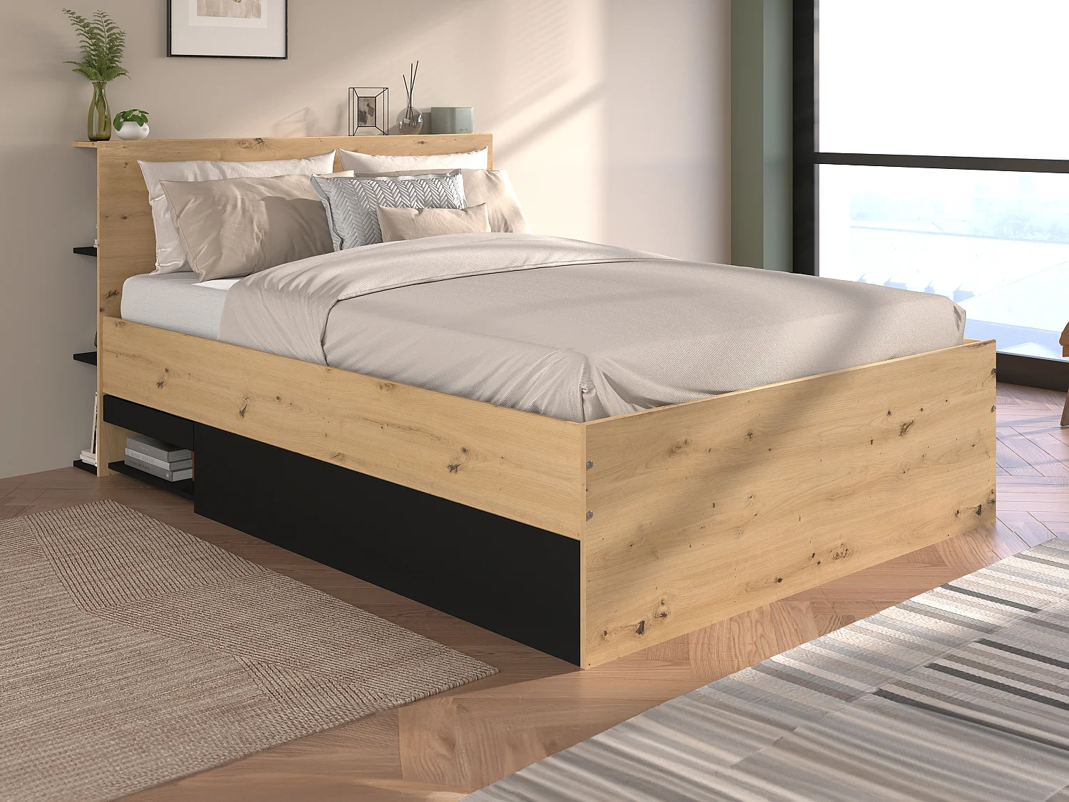 Bett mit Bettkasten - 140 x 190 cm - Holzfarben & Schwarz + Matratze - RADANI