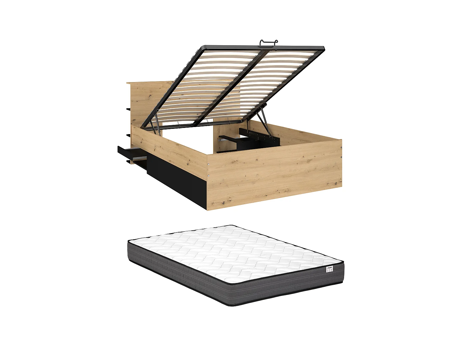 Letto con contenitore 140 x 190 cm Naturale e Nero + Materasso - RADANI