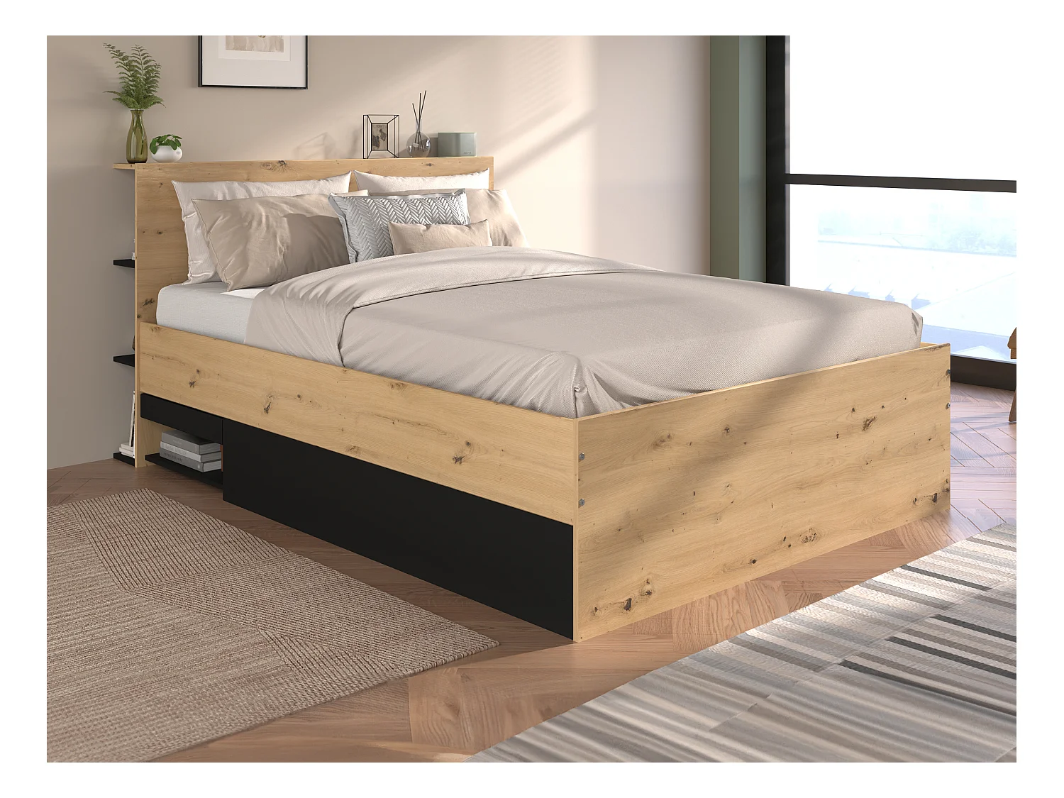 Letto con contenitore 140 x 190 cm Naturale e Nero + Materasso - RADANI