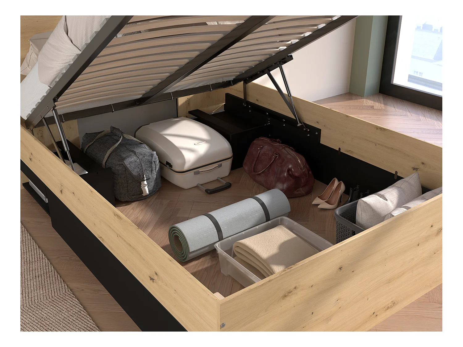 Letto con contenitore 140 x 190 cm Naturale e Nero + Materasso - RADANI