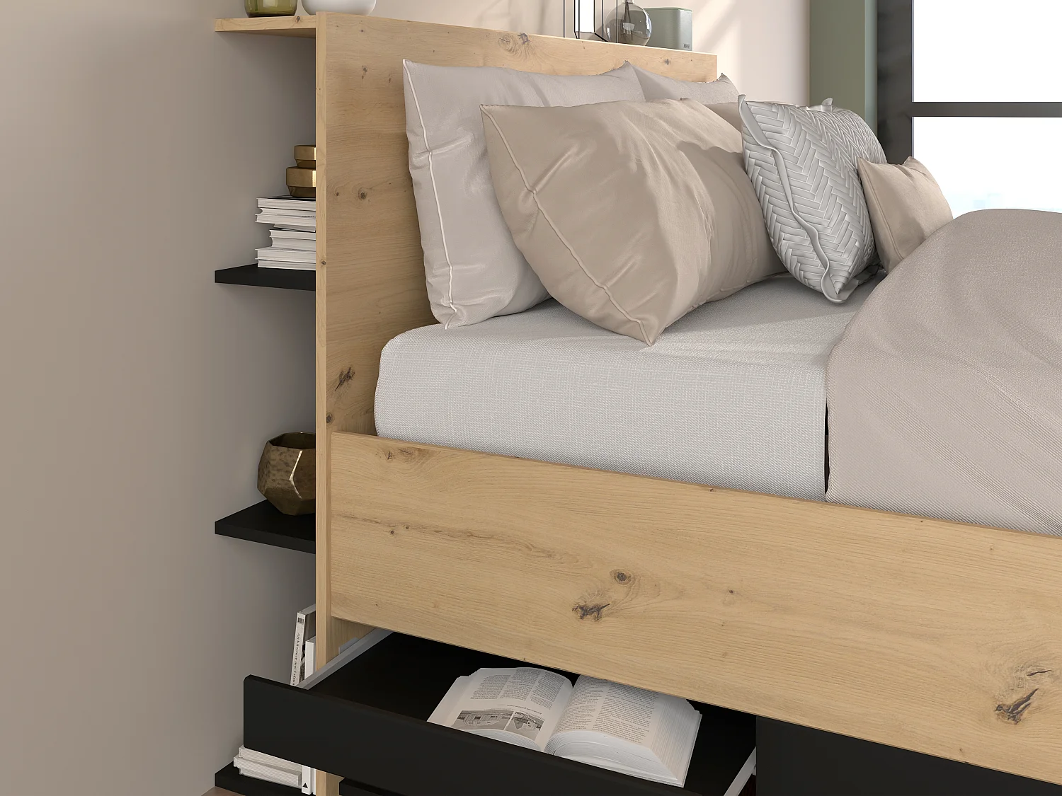 Bed met opbergruimte 140 x 190 cm - Kleur: houtlook en zwart + matras - RADANI