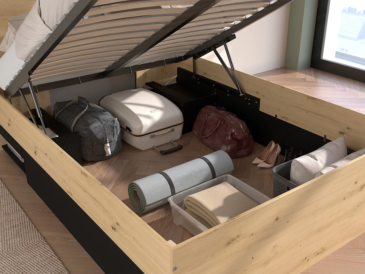 Bed met opbergruimte 140 x 190 cm - Kleur: houtlook en zwart + matras - RADANI