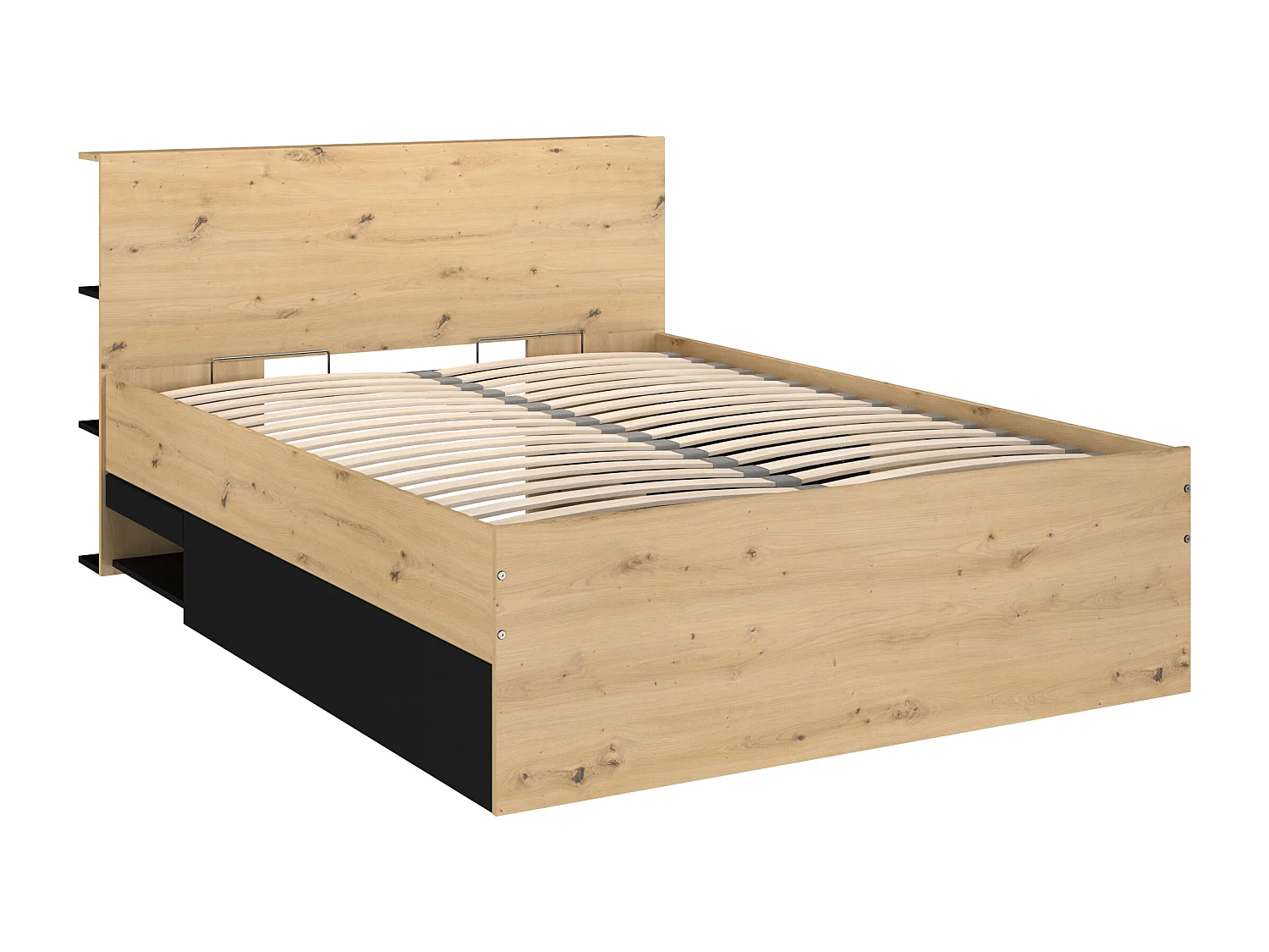 Bed met opbergruimte 140 x 190 cm - Kleur: houtlook en zwart + matras - RADANI