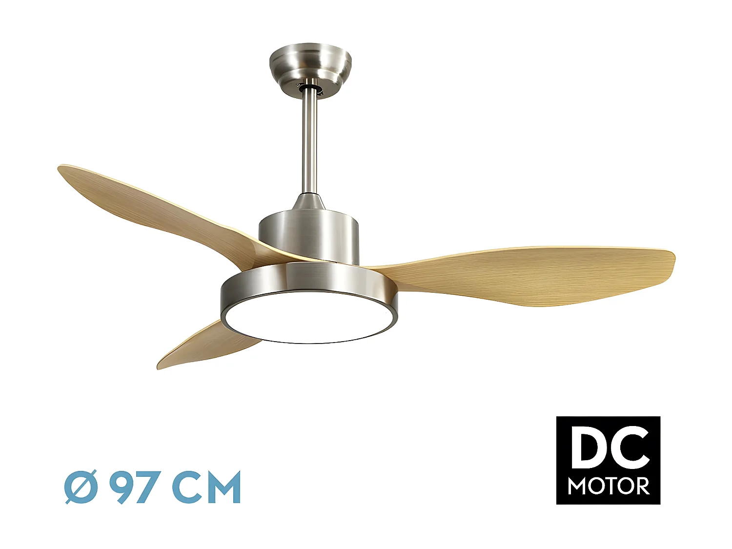 Ventilateur DC HAYATE S hêtre nickel Led CCT intégré dimmable FABRILAMP