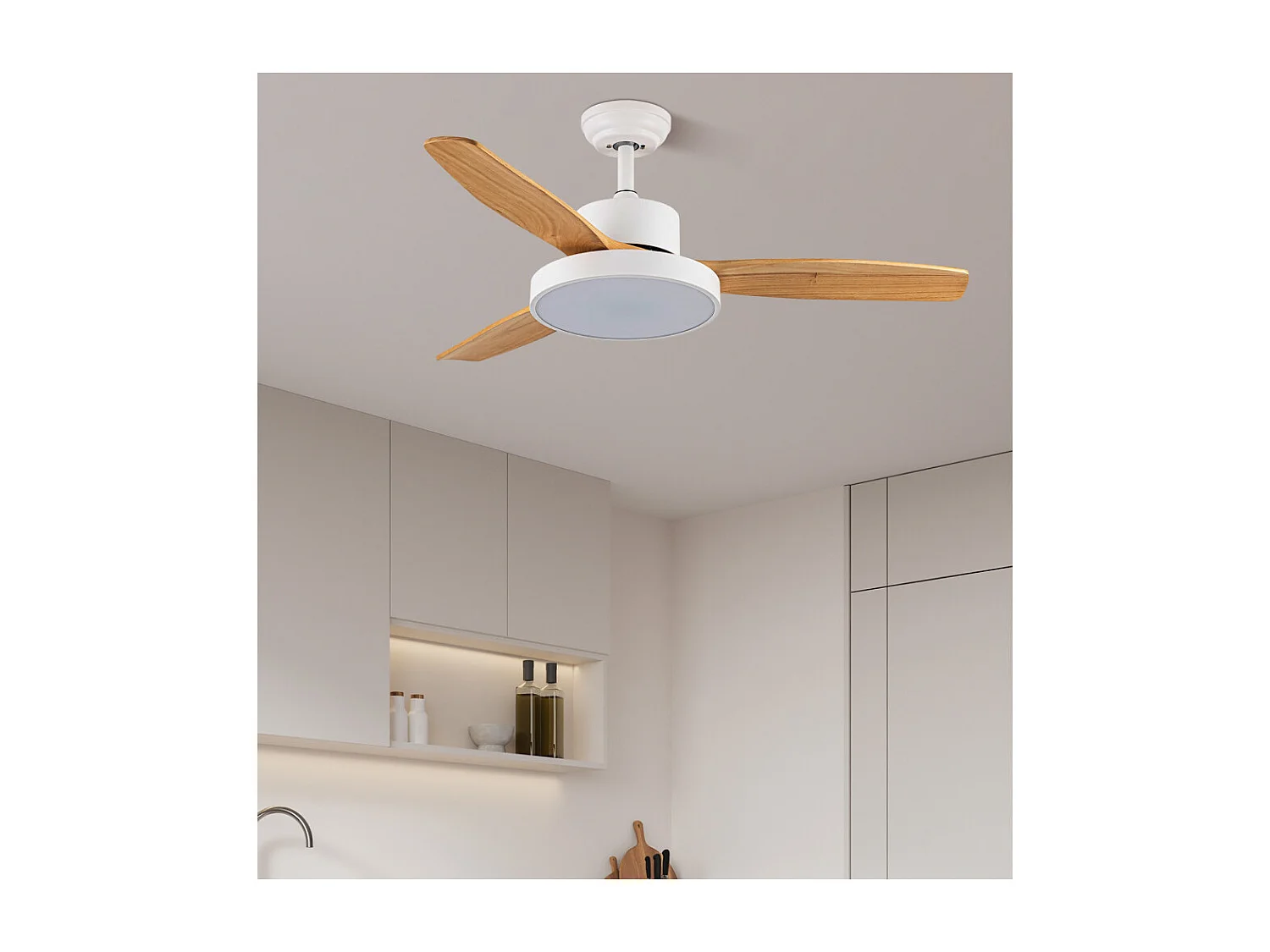 KAVALA hêtre blanc LED DC ventilateur dimmable CCT télécommande FABRILAMP