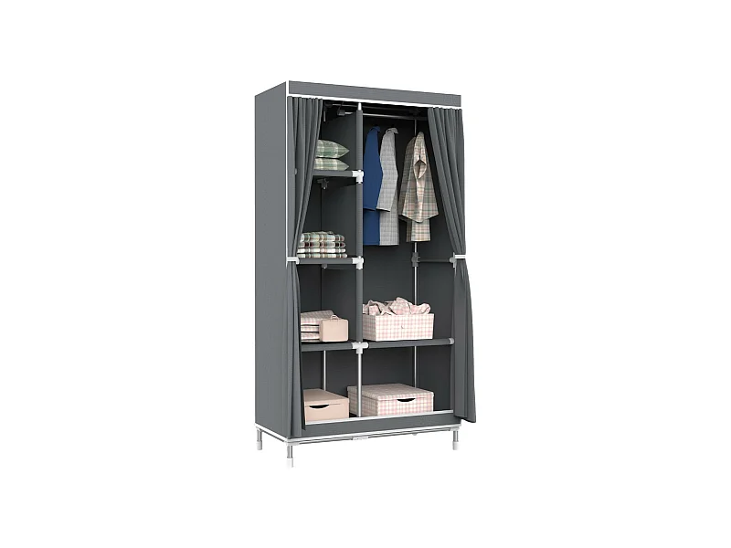 Armario Ropero de Tela Doble con Cortinas Correderas Blanco/Gris 90x43x168cm Thinia Home