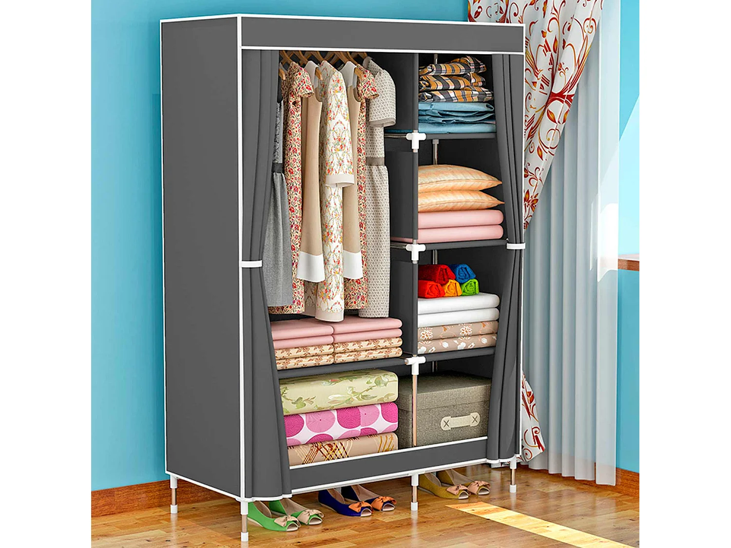 Armario Ropero de Tela Doble con Cortinas Correderas Blanco/Gris 90x43x168cm Thinia Home