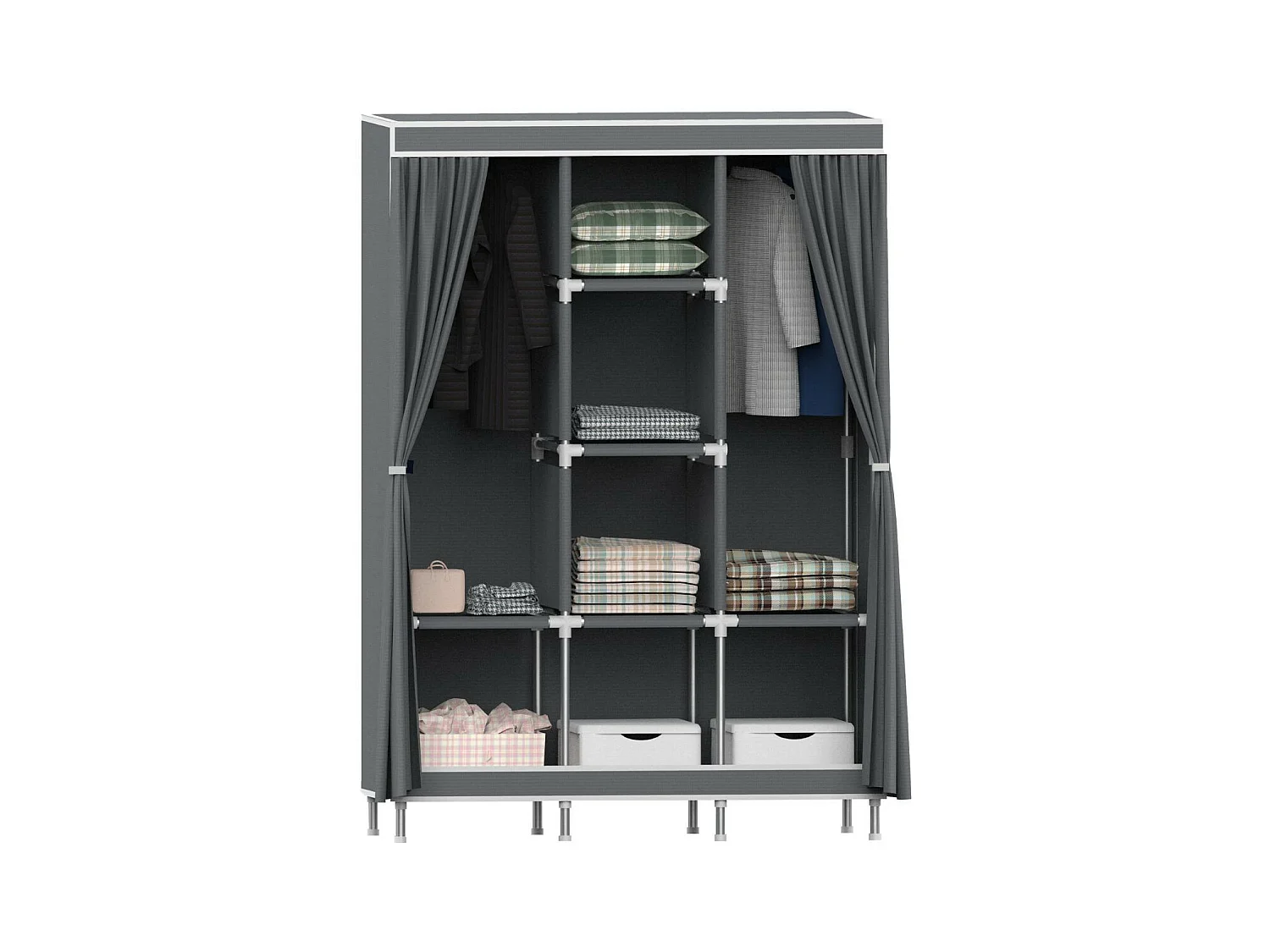 Armoire Triple Tissu avec Rideaux Coulissants Blanc/Gris 118x45x169cm 7house