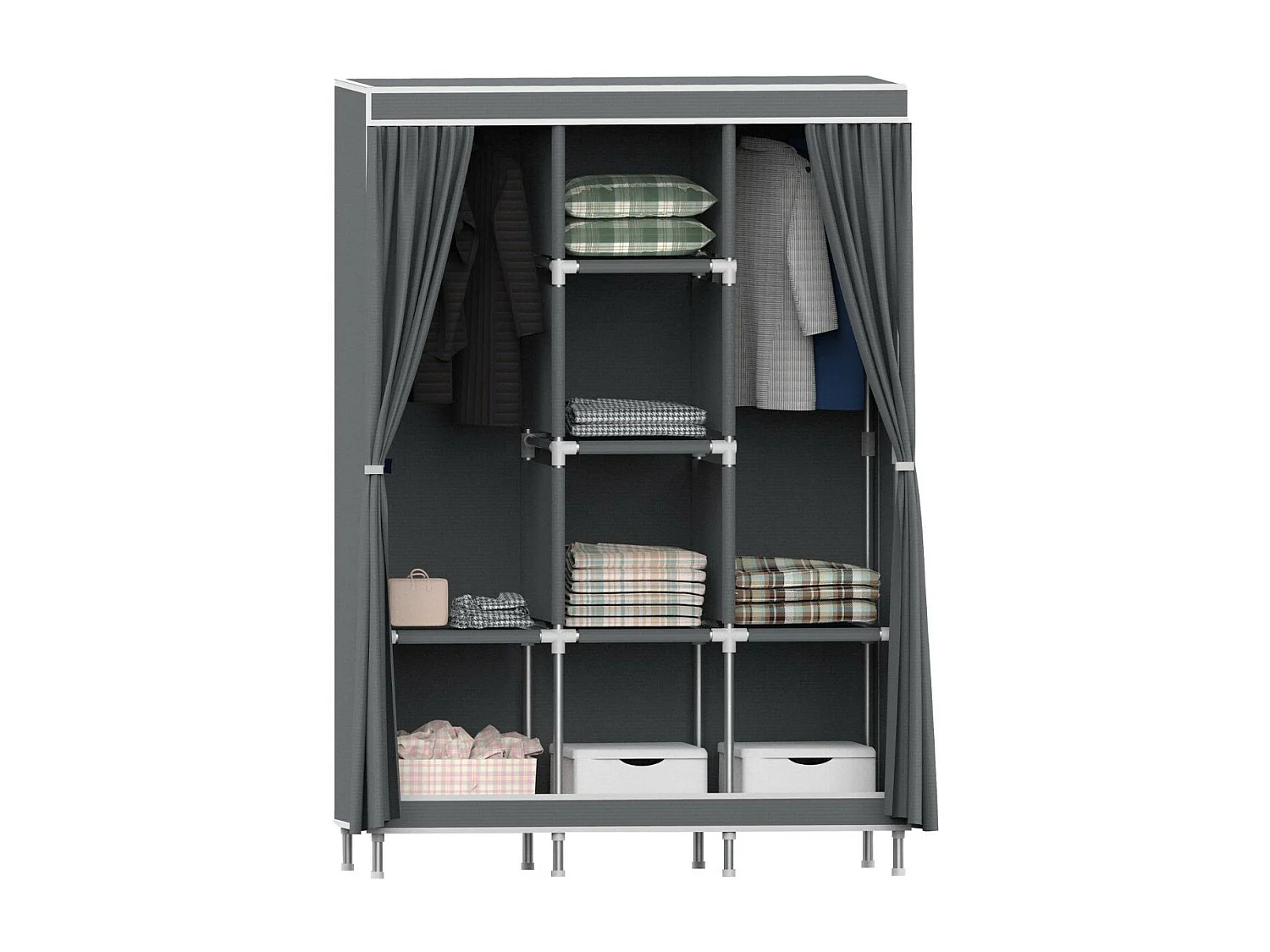 Armoire Triple Tissu avec Rideaux Coulissants Blanc/Gris 118x45x169cm 7house