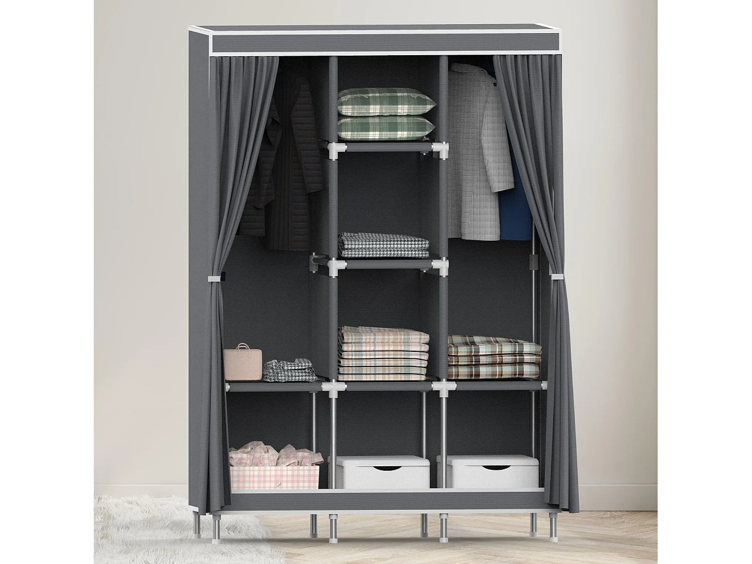 Armoire Triple Tissu avec Rideaux Coulissants Blanc/Gris 118x45x169cm 7house