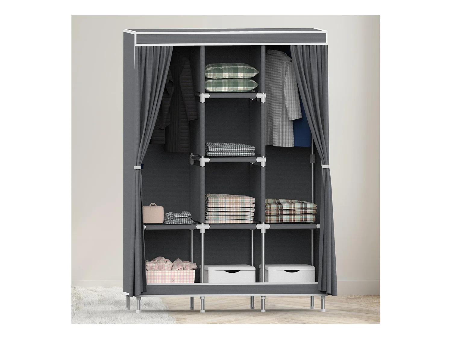 Armario Ropero de Tela Triple con Cortinas Correderas Blanco/Gris 118x45x169cm O91