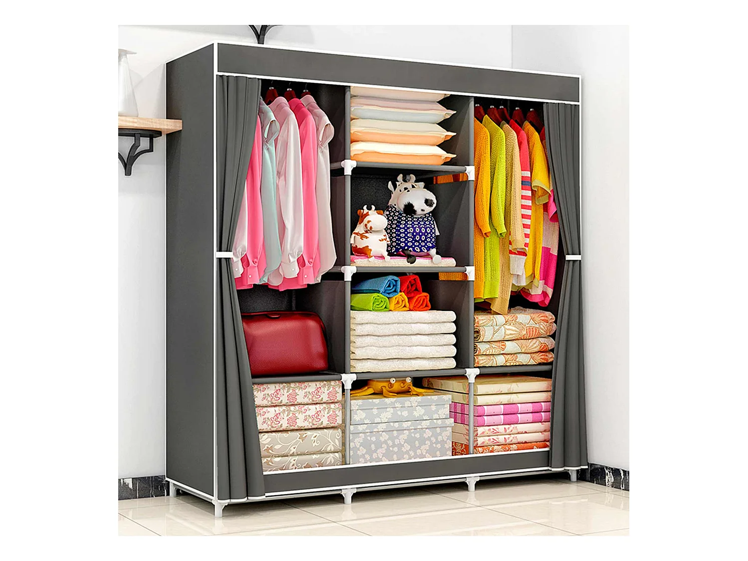 Armario Ropero de Tela Triple con Cortinas Correderas Blanco/Gris 118x45x169cm O91