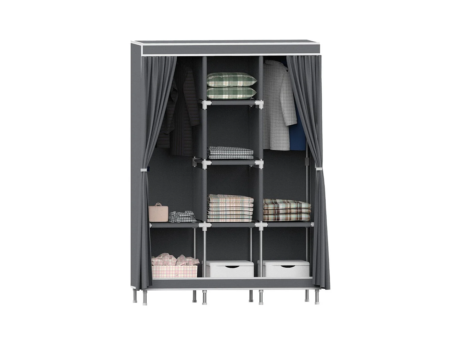 Armoire triple en tissu avec rideaux coulissants blanc/gris 118x45x169cm O91