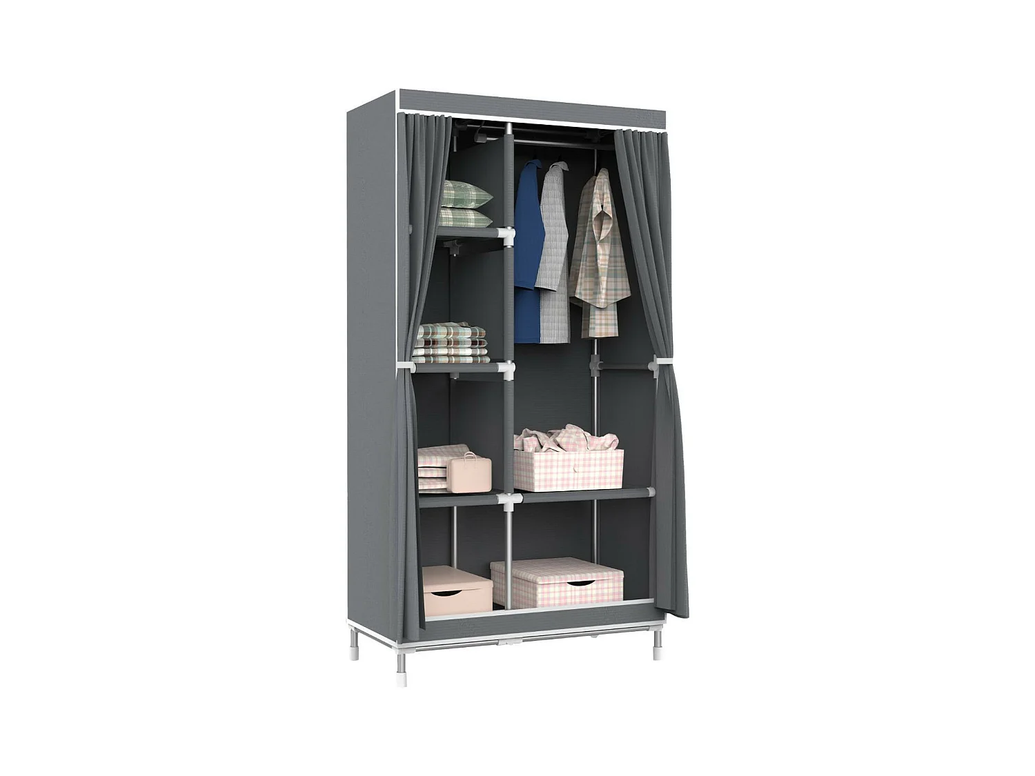 Armoire double en tissu avec rideaux coulissants blanc/gris 90x43x168cm O91