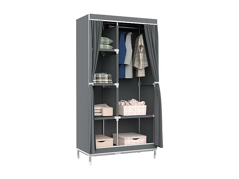 Armoire double en tissu avec rideaux coulissants blanc/gris 90x43x168cm O91