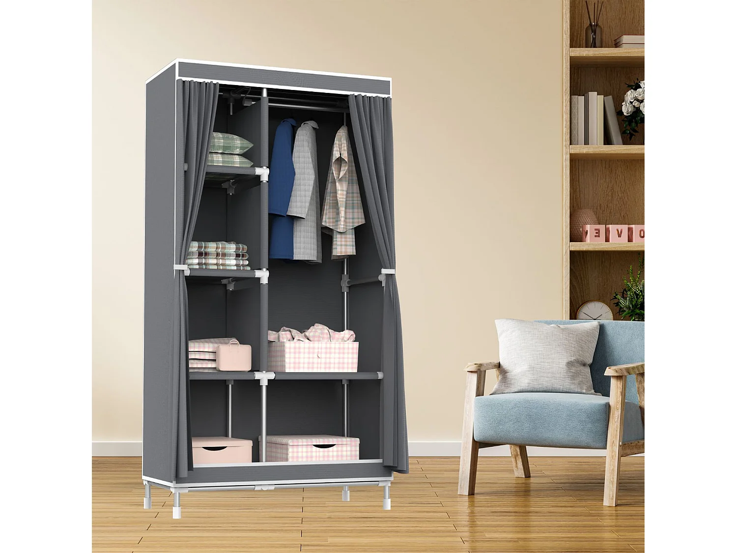 Armario Ropero de Tela Doble con Cortinas Correderas Blanco/Gris 90x43x168cm 7house