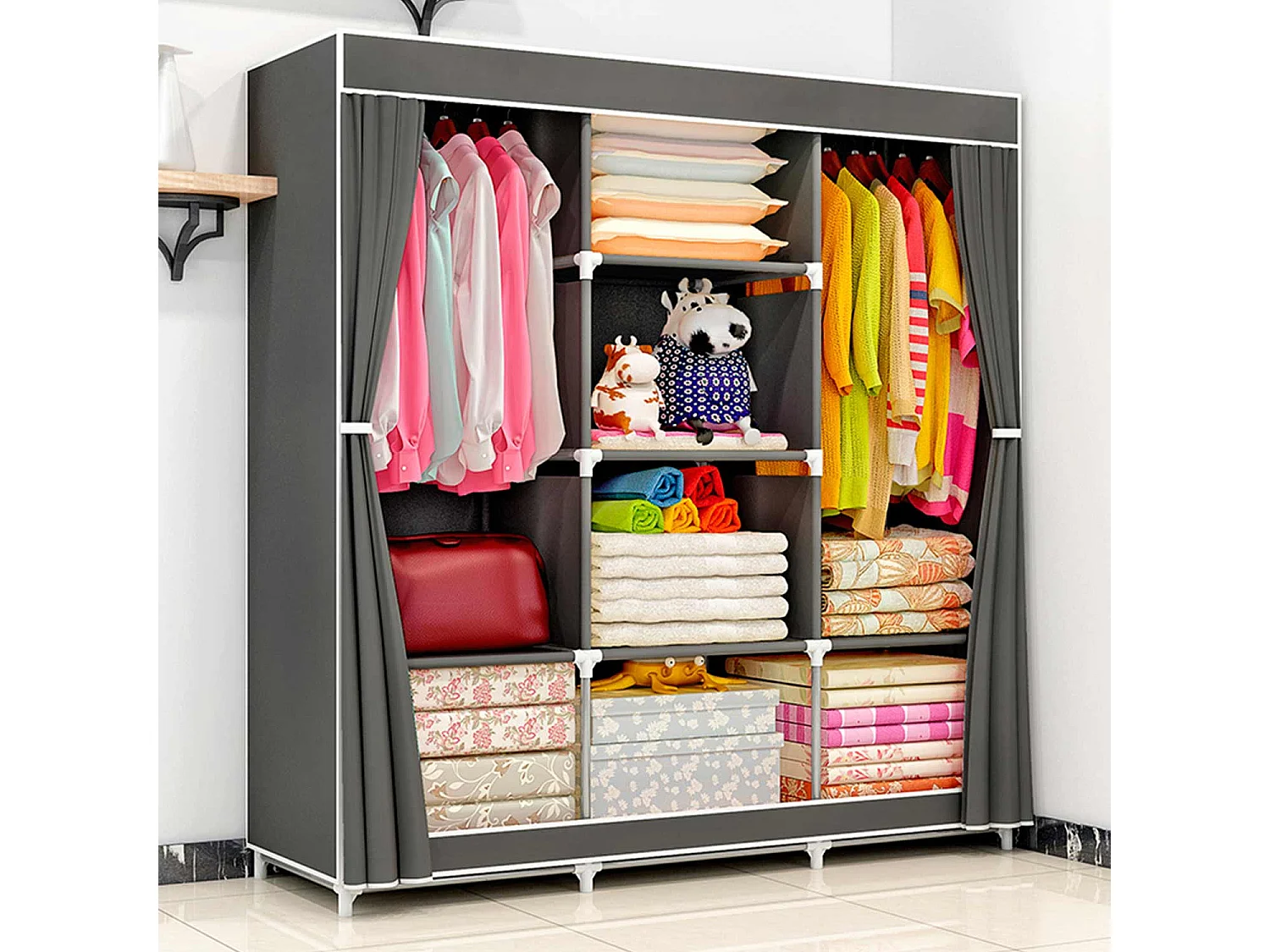 Armario Ropero de Tela Triple con Cortinas Correderas Blanco/Gris 118x45x169cm Thinia Home