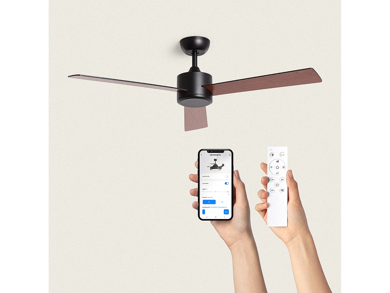 Ventilateur de Plafond Silencieux Fleves 132cm Motor DC Noir  Sans lumière, Contrôleur mural + télécommande, Wifi: True